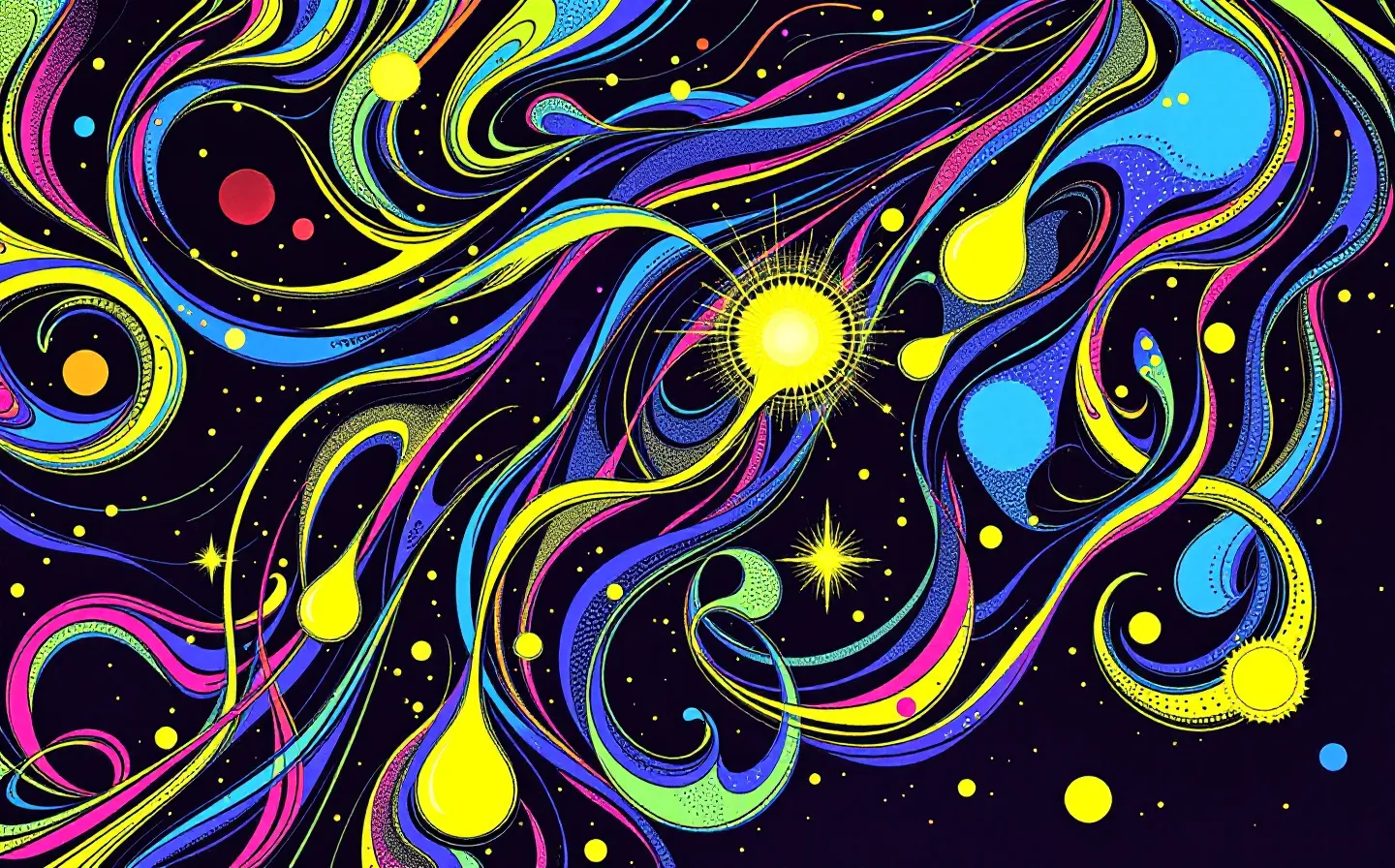 A 1960s-psychedelic poster light-show of a flowing parent-peptide swirl releasing a small glowing three-bead tripeptide loop, in electric violet and hot magenta with lime and gold sparks, on a deep cool indigo-violet ground
